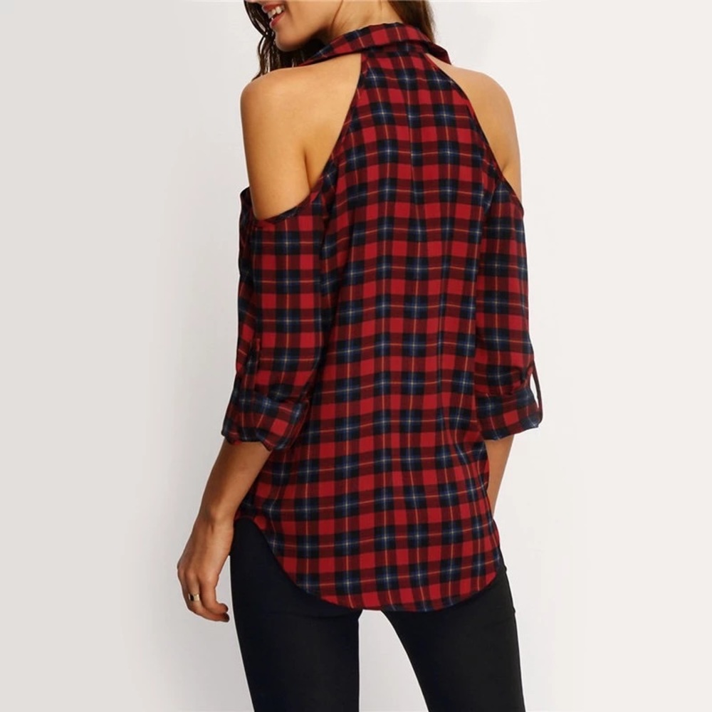 Cold Shoulder Red Plaid Flannel Button Front Shirt - Picture 2 of 5